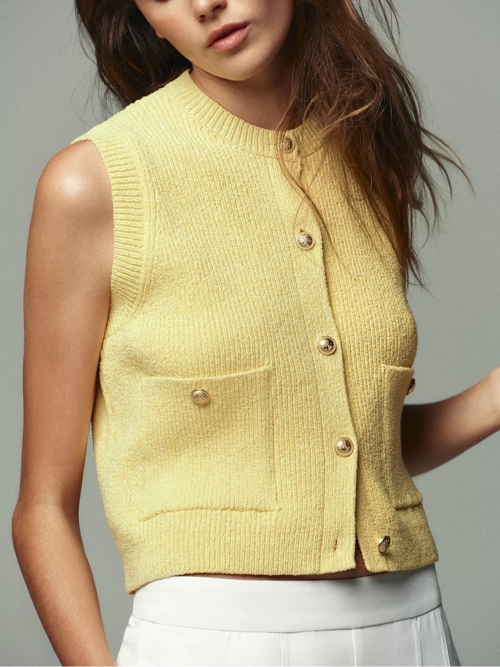 ZARA Yellow Knit Button Up Sweater Vest Size Large NEW